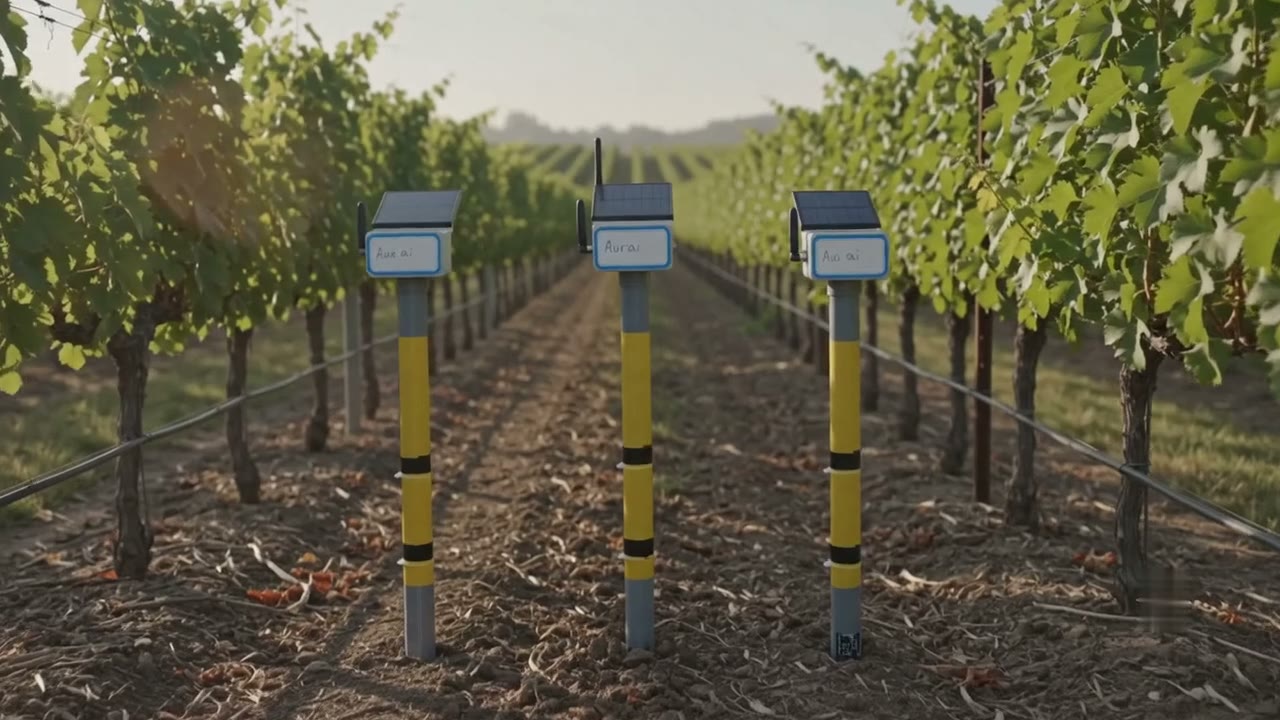 Aurai field nodes installed along a vineyard row